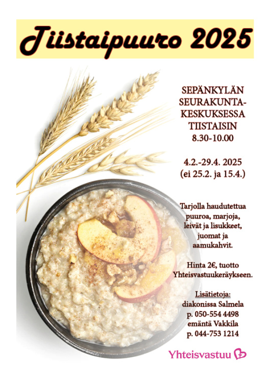 Tiistaipuuro Tiistaipuuro tarjolla jälleen kevätkaudella 4.2.-29.4. 2025.