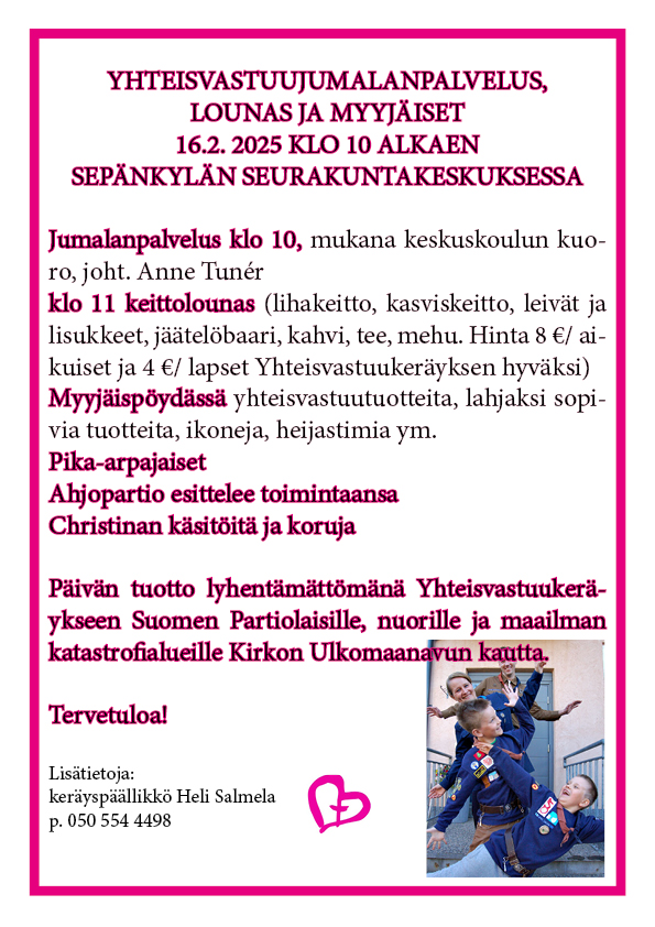 Jumalanpalvelus klo 10, Yhteisvastuun aloitus., lounas, myyjäiset, arpajaiset ym. Yv-päivän mainos